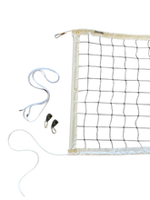 Volleyball net with net straps and rope rachets on a white background.