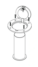 A drawing of a volleyball floor plate over a floor sleeve. The floor plate is open with four screws, showing how it goes with the sleeve. 