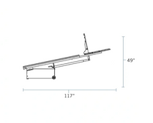 Drawing of the Spalding Fastbreak 930 Portable Backstop folded up showing how it rolls on the wheels. The dimensions are 117" long and 49" tall.