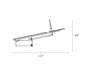 Drawing of the Spalding Fastbreak 930 Portable Backstop folded up showing how it rolls on the wheels. The dimensions are 117" long and 49" tall.