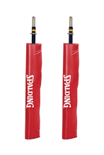 Two red Spalding volleyball upright pads on a white background