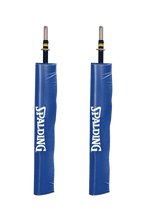 Two royal blue Spalding volleyball upright pads on a white background