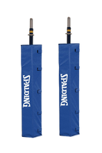 Pair of royal blue Spalding volleyball upright pads on a white background