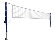 Volleyball net with blue posts on a white background