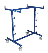 Blue volleyball equipment cart with wheels on a white background.